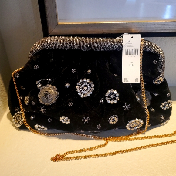 Anthropologie Handbags - Anthropologie Elegant Black Velvet Beaded Evening Clutch Bag